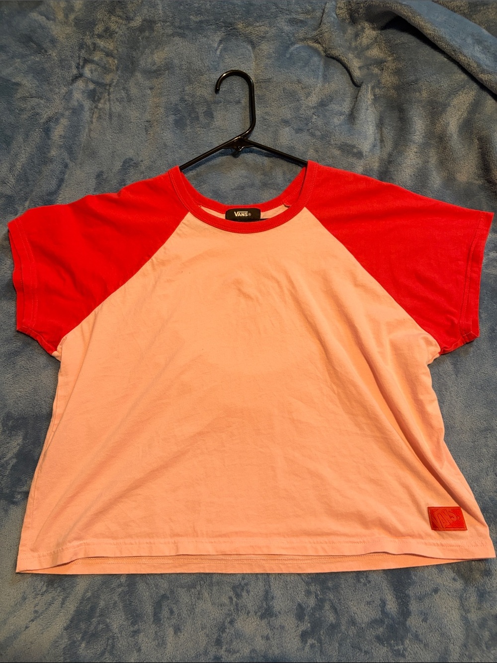 Vans Womens Pink Tee with Red Raglan Sleeves